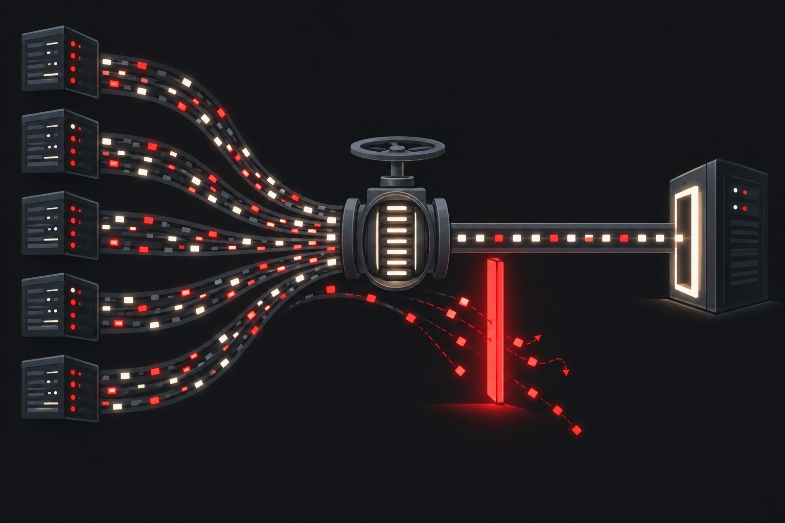 Abstract illustration of data requests being metered through a gateway to avoid rate limits