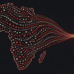 Abstract illustration of text in many scripts flowing across Africa into a small compact model