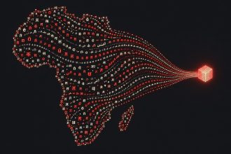 Abstract illustration of text in many scripts flowing across Africa into a small compact model