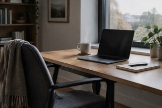 An empty chair at a tidy desk beside a laptop with a dimmed screen, soft daylight through a window