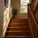 An empty wooden staircase lit by soft late-afternoon light from a window above