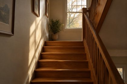 An empty wooden staircase lit by soft late-afternoon light from a window above