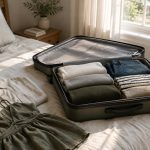 An open suitcase on a bed by a sunlit window, half packed with neatly folded clothes