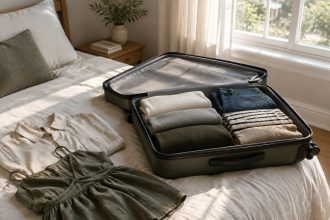 An open suitcase on a bed by a sunlit window, half packed with neatly folded clothes