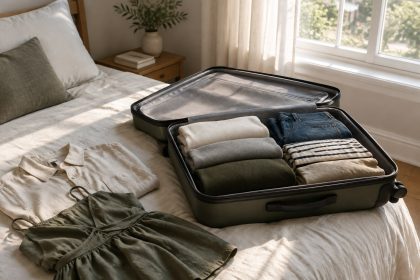 An open suitcase on a bed by a sunlit window, half packed with neatly folded clothes