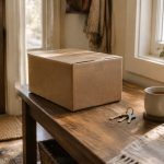An unopened delivery box sitting on a tidy entryway table in soft afternoon light