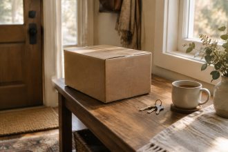 An unopened delivery box sitting on a tidy entryway table in soft afternoon light
