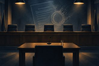 Empty witness chairs facing council seats, symbolising public testimony on AI safety commitments